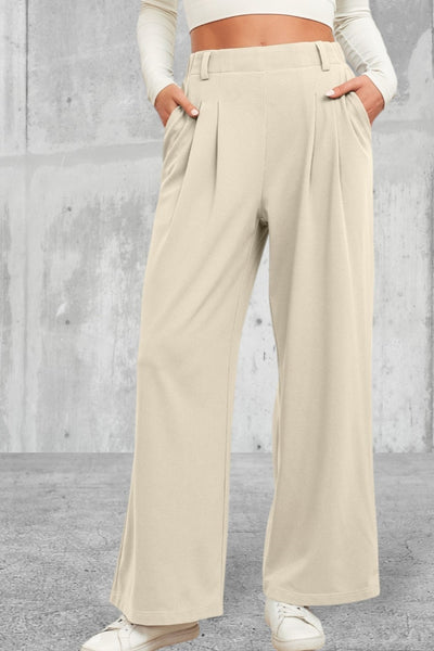 Beige Elastic Waist Wide Leg Pants