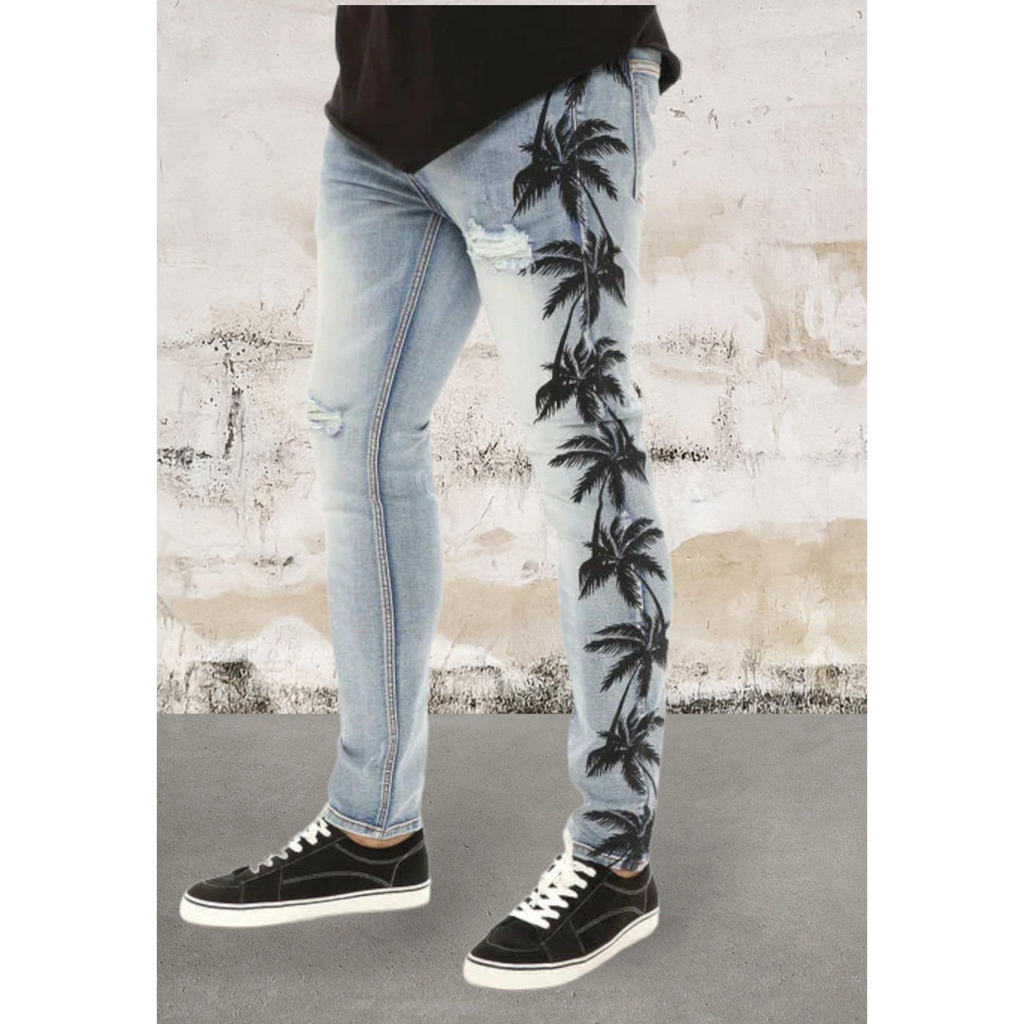 Men ripped skinny palm tree Jeans