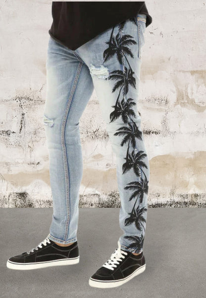 Men ripped skinny palm tree Jeans