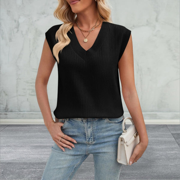 Lovelet Ribbed Slit V-Neck Sweater Vest