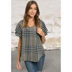 Short double frill sleeve V-neck checkered top