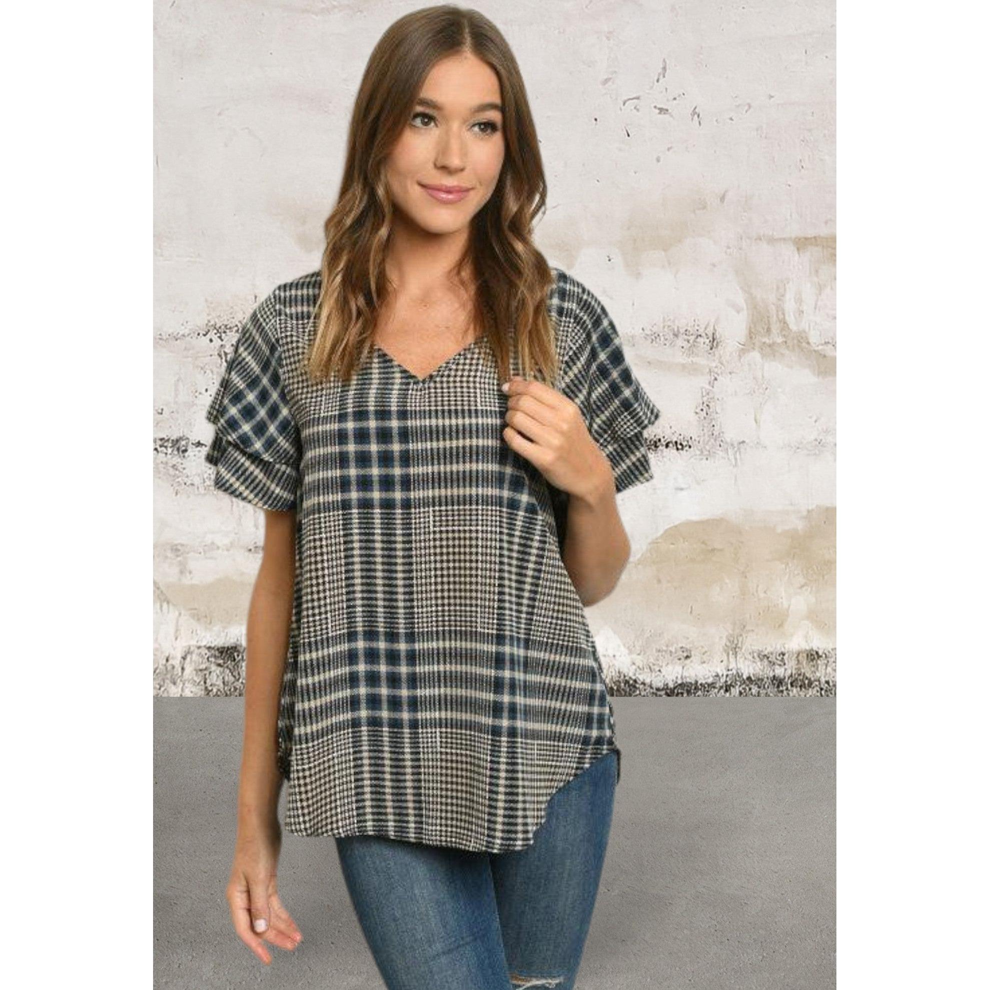 Short double frill sleeve V-neck checkered top