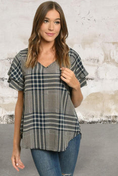 Short double frill sleeve V-neck checkered top