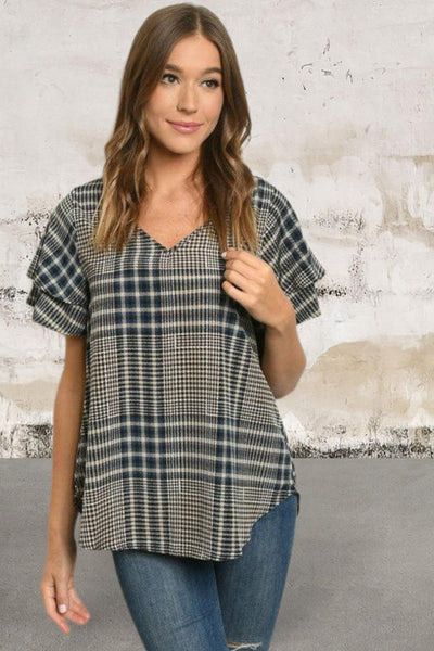 Short double frill sleeve V-neck checkered top