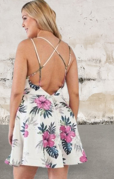 Plus Size Tropical Print Open Back Dress