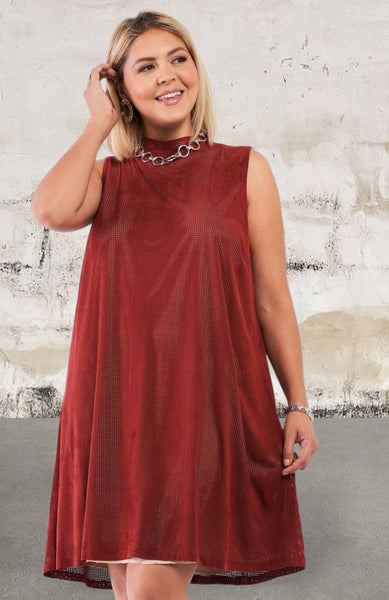 Plus Rust And Nude Illusion High Neck Swing Dress