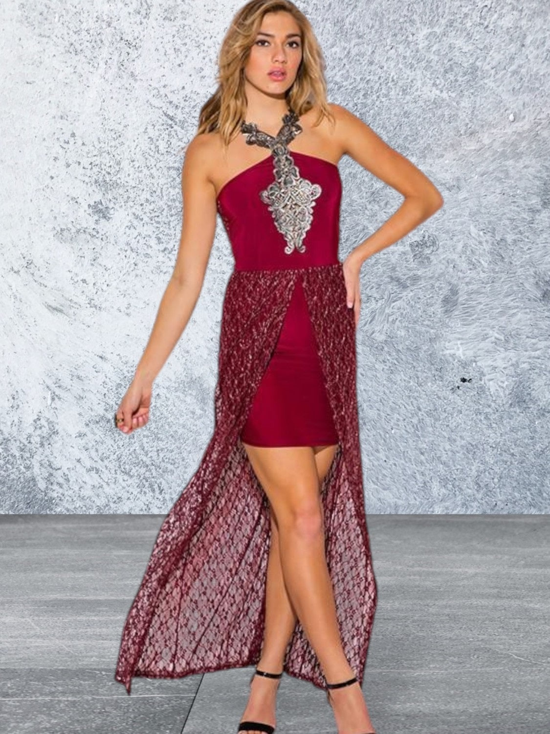 Sleeveless Burgundy Metallic Lace High Low Dress