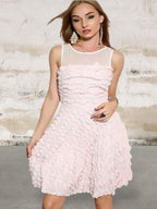 Sleeveless Mesh Cutout Shimmer Ruffle Party Dress