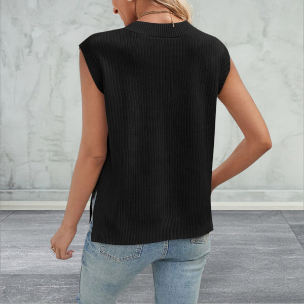 Lovelet Ribbed Slit V-Neck Sweater Vest