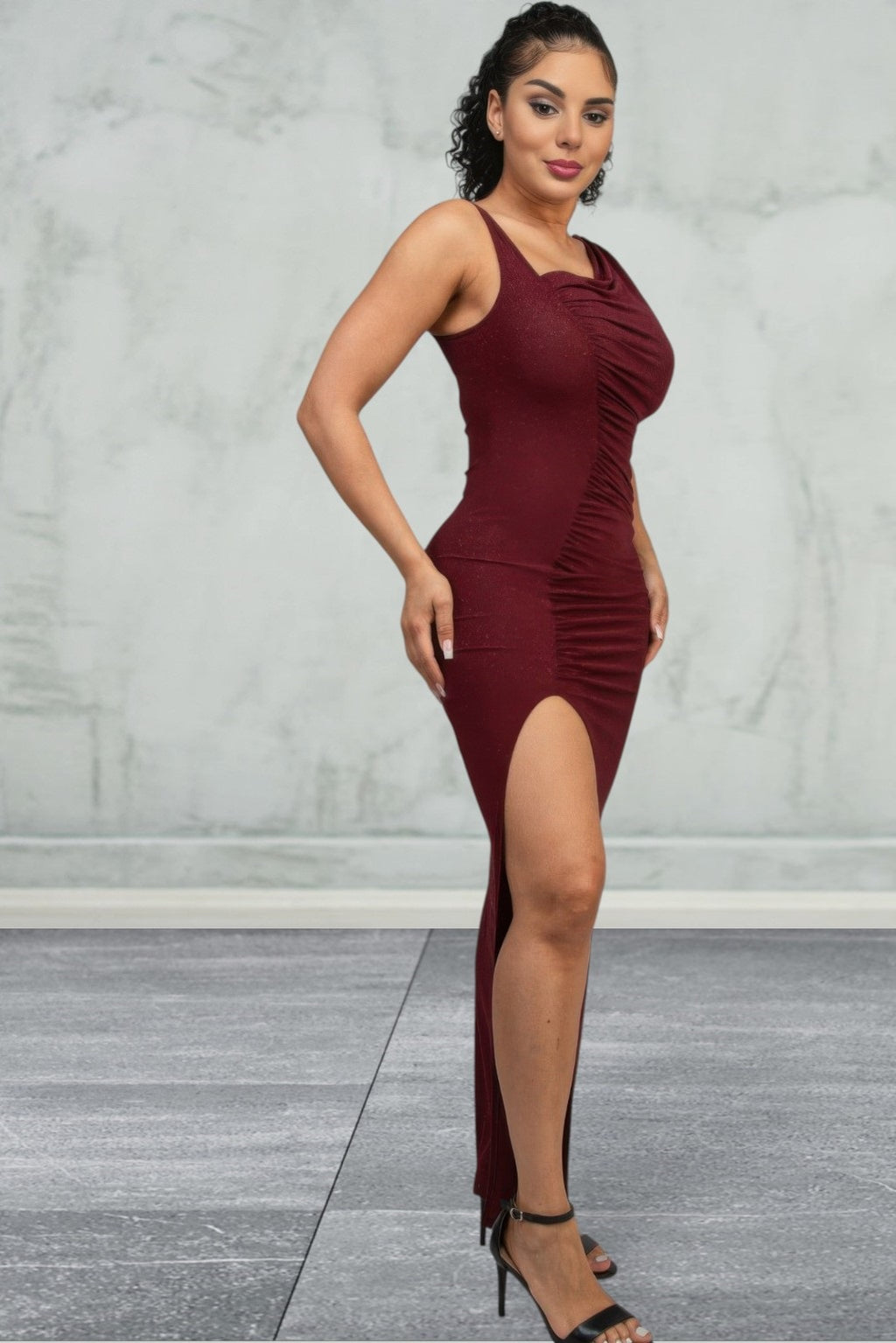 Sleeveless Glitter Slit Evening Dress