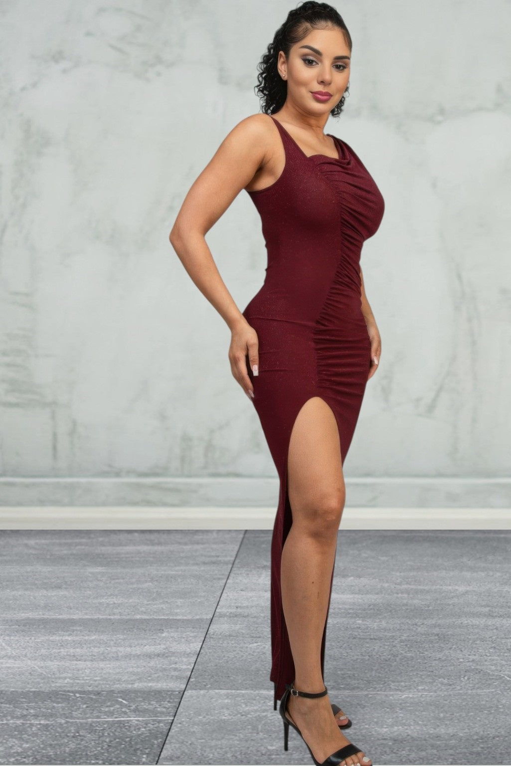 Sleeveless Glitter Slit Evening Dress