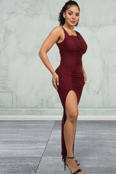 Sleeveless Glitter Slit Evening Dress