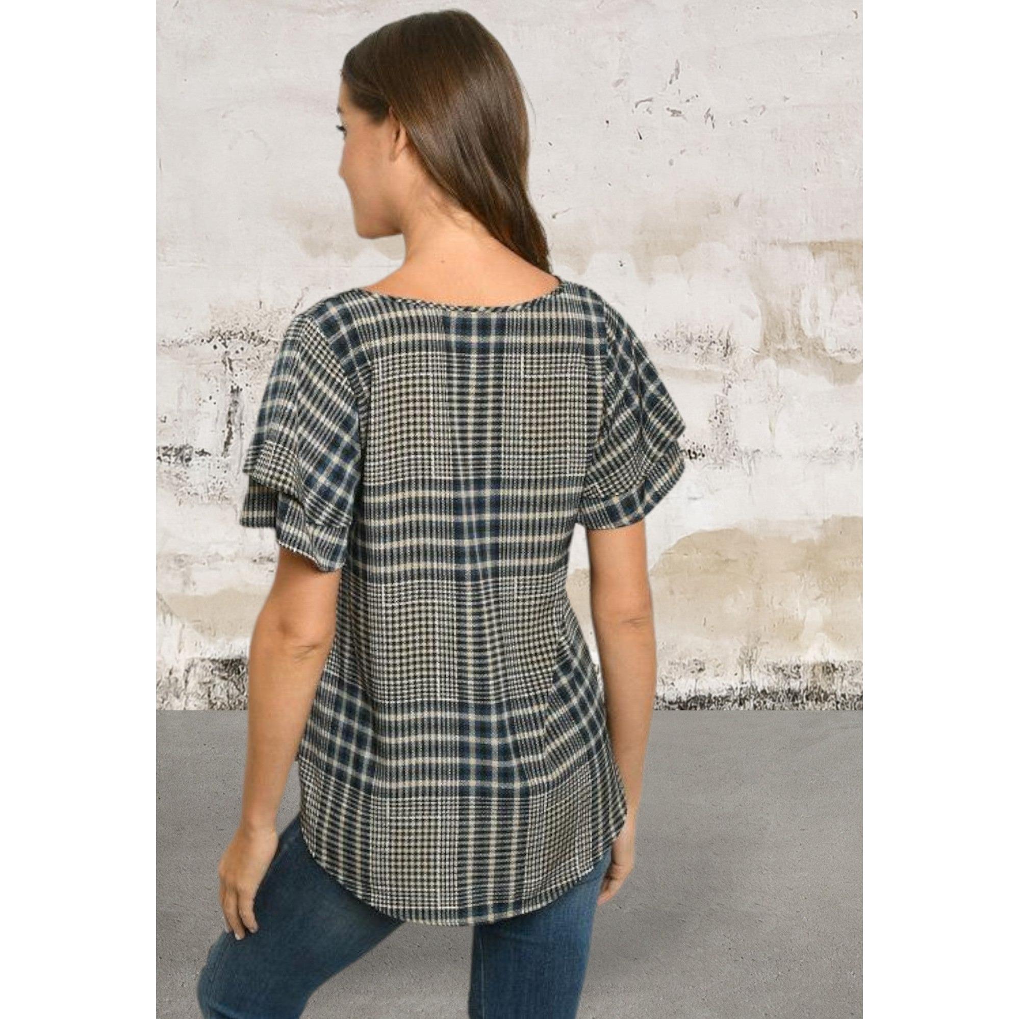 Short double frill sleeve V-neck checkered top
