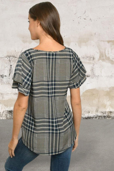 Short double frill sleeve V-neck checkered top