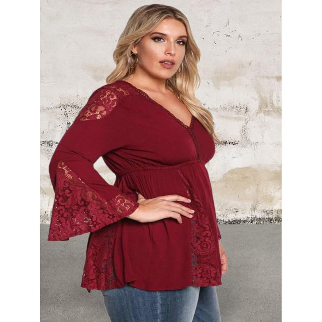 Plus size v neck lace insert bell sleeve top