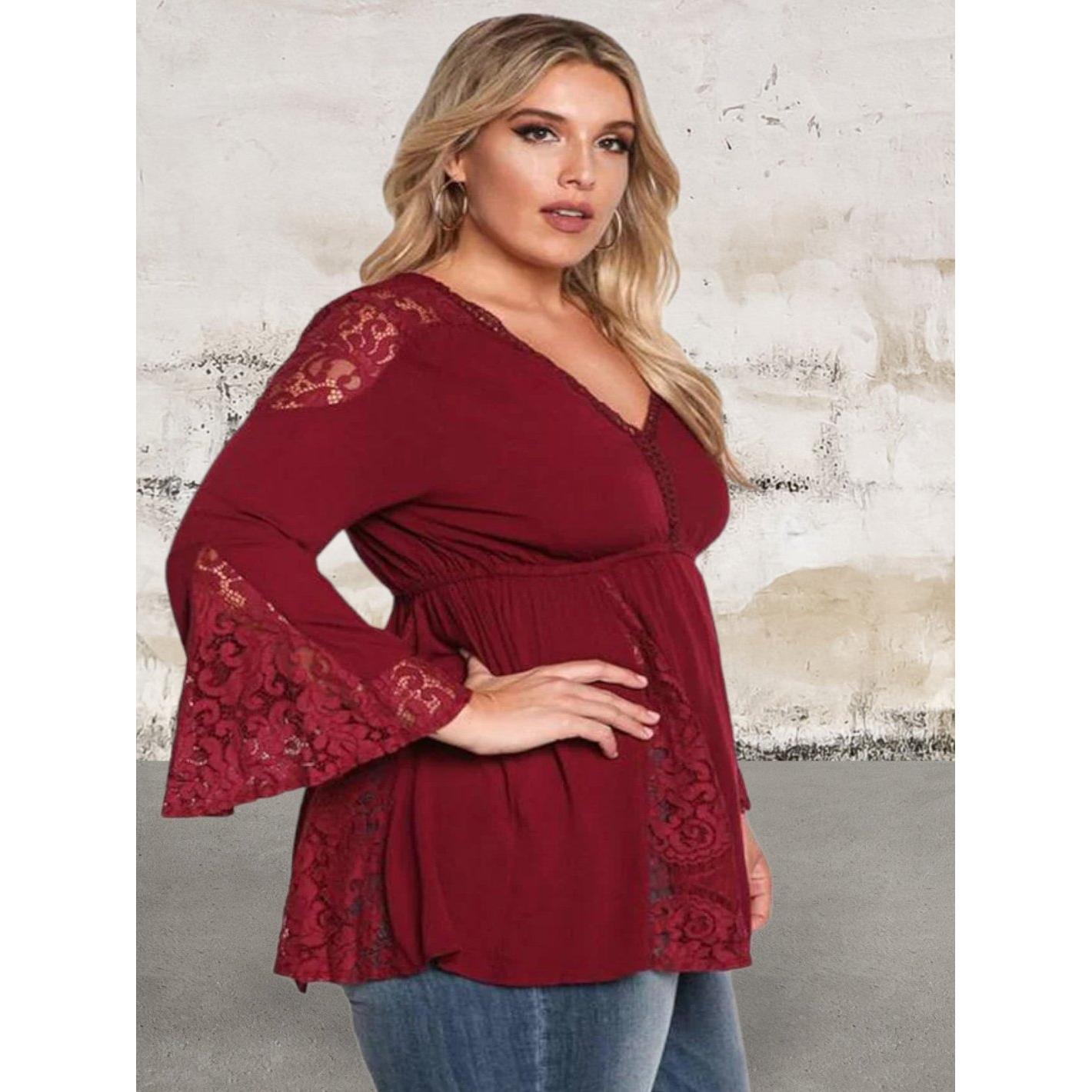 Plus size v neck lace insert bell sleeve top