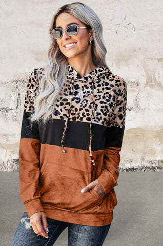 Long sleeve leopard colorblock hoodie