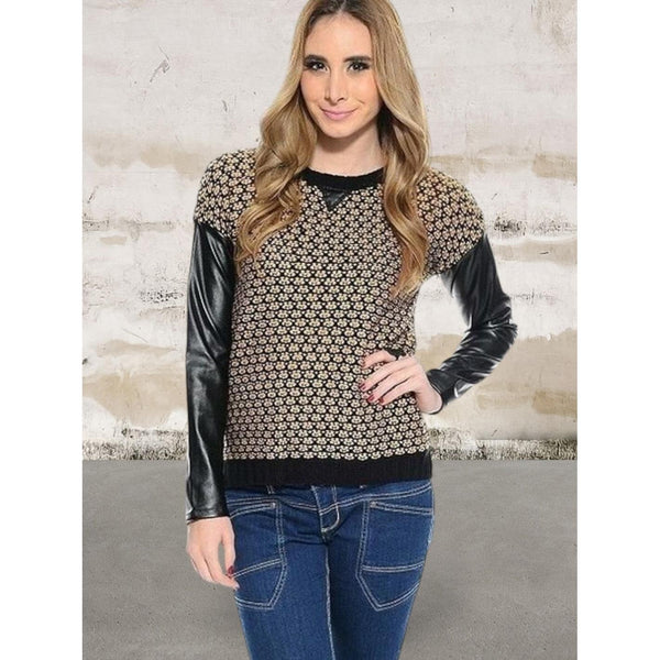 Juniors Faux Leather Sleeve Knitted Sweater