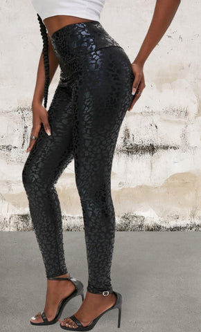 Black shiny leopard textured leggings