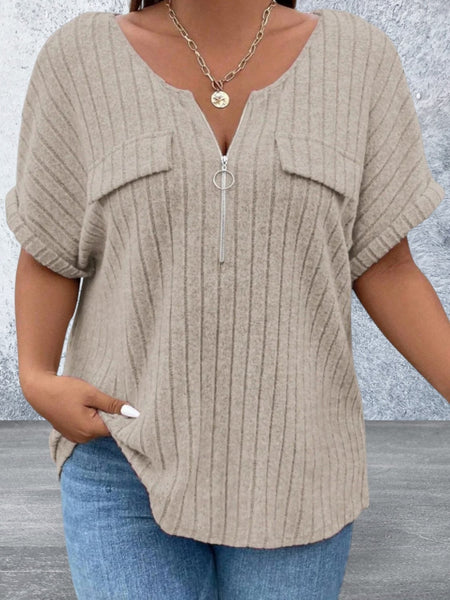 Plus Size Half Zip Short Sleeve Top