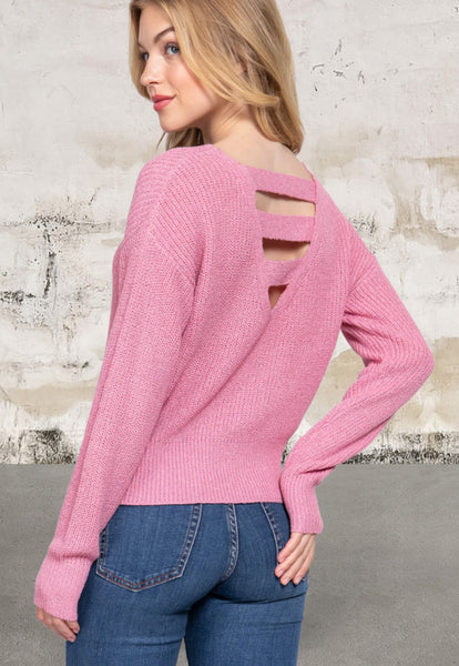 Pink Long Sleeve Strappy Open Back Sweater