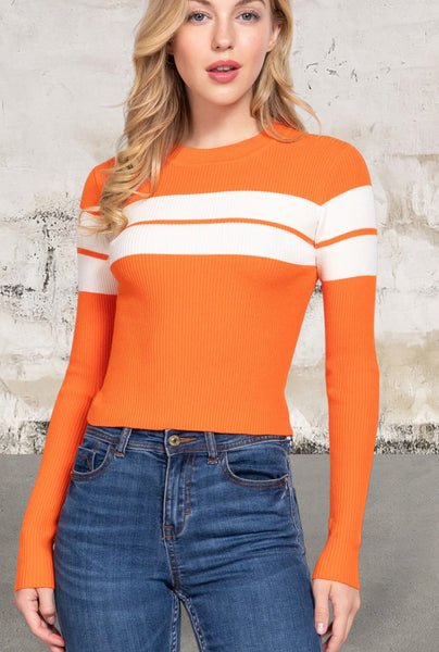 Long Sleeve Orange And Cream Stripe Rib Sweater