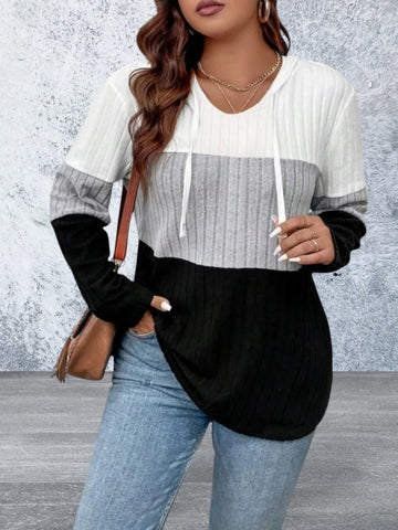 Plus Size Drawstring Long Sleeve Hooded Top