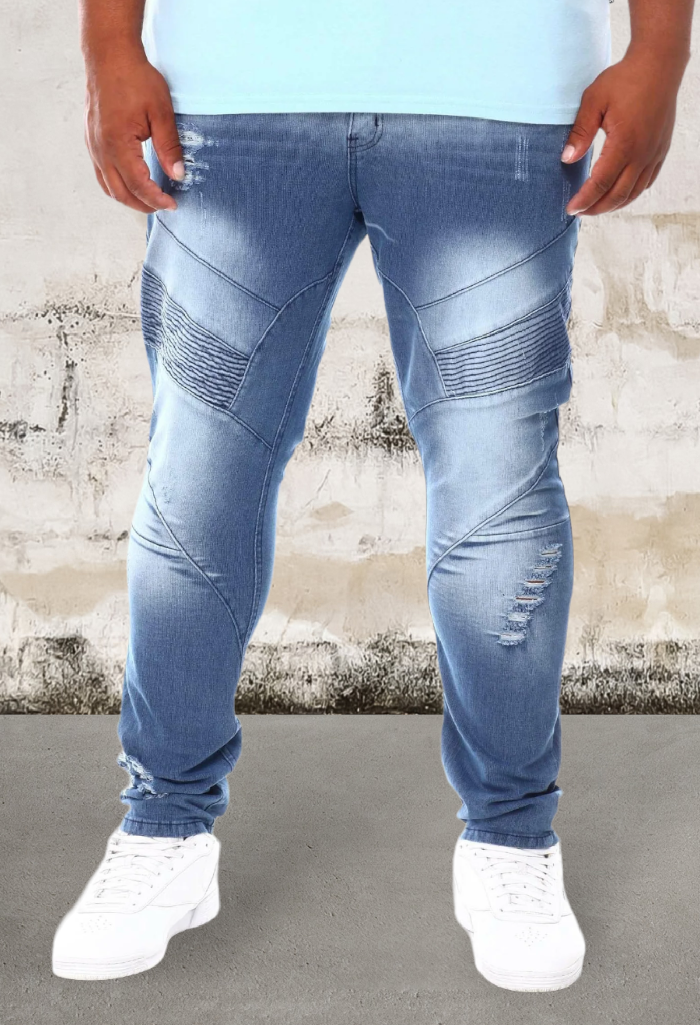 Men's moto panels on front skinny jeans