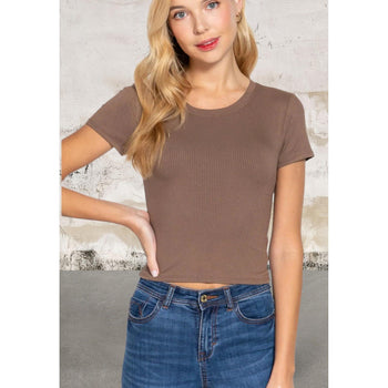 Short Sleeve Slit Brown Crew Neck Rib Crop Top