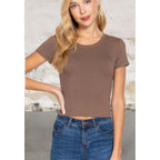 Short Sleeve Slit Brown Crew Neck Rib Crop Top