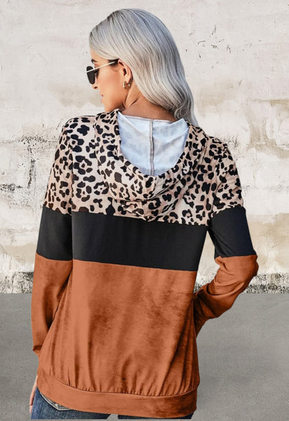 Long sleeve leopard colorblock hoodie