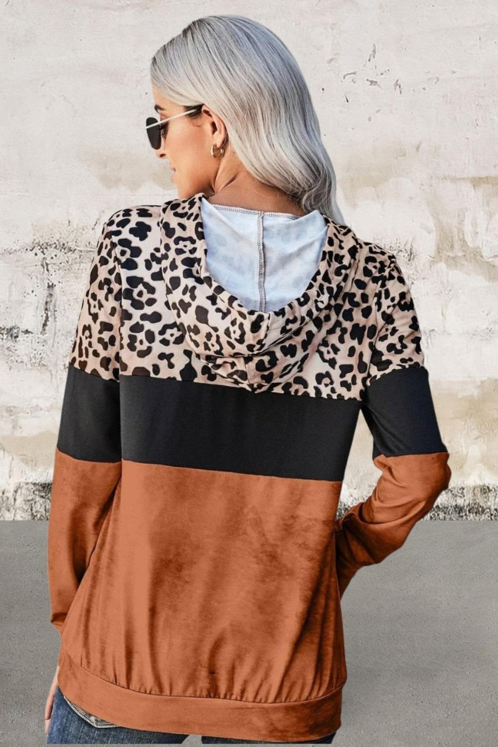 Plus Size Long sleeve leopard colorblock hoodie