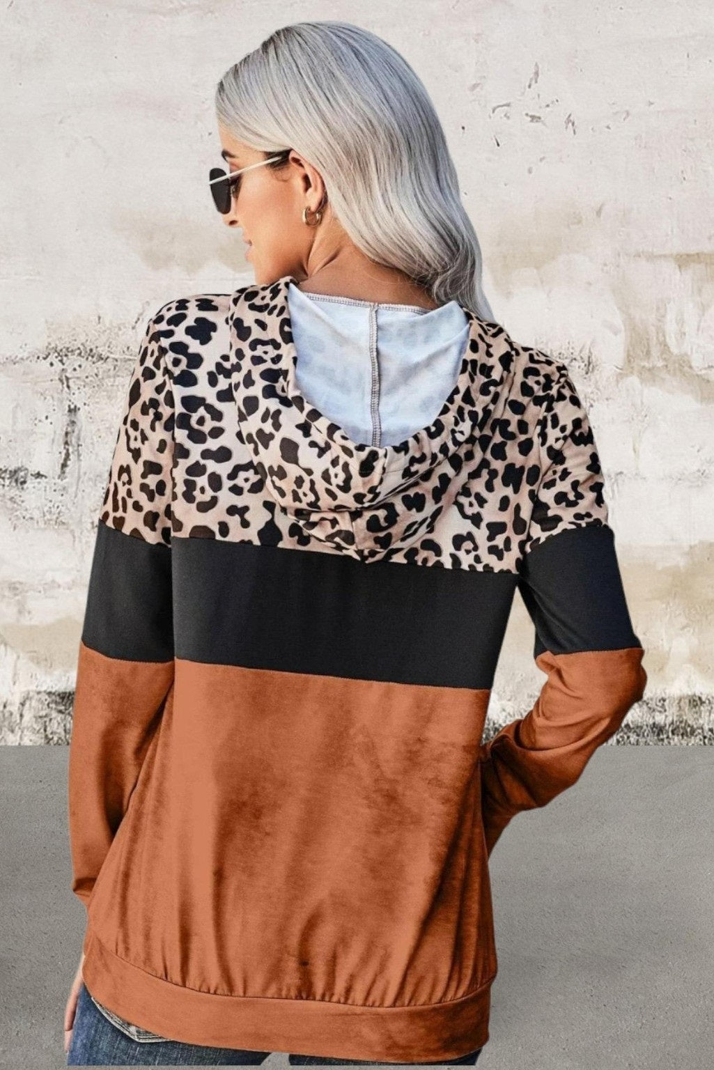 Plus Size Long sleeve leopard colorblock hoodie