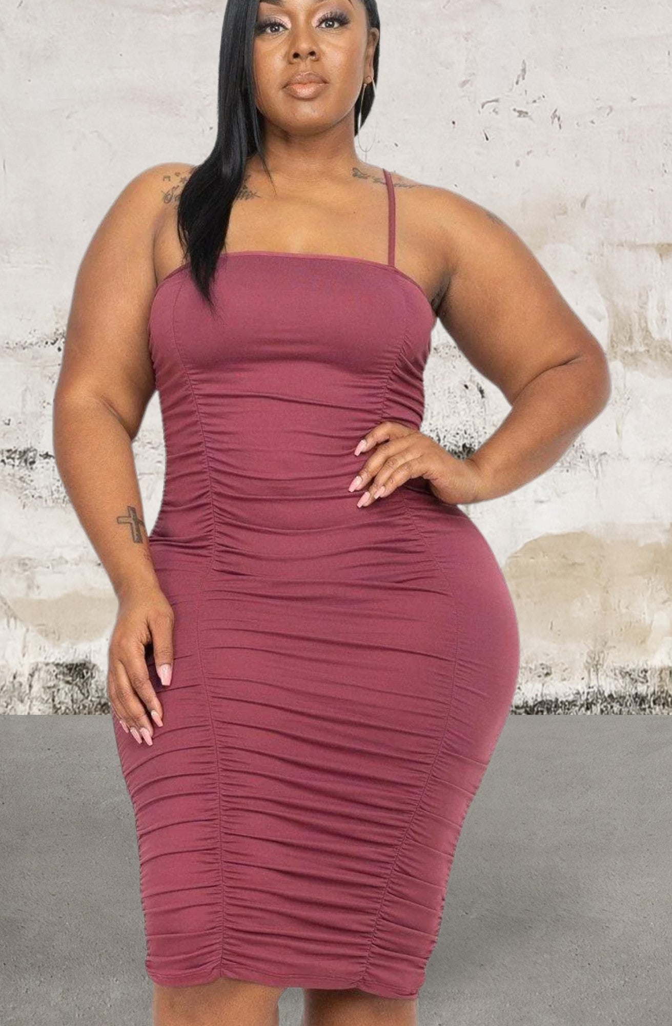 Plus size double ruched Stretch knit spaghetti strap dress
