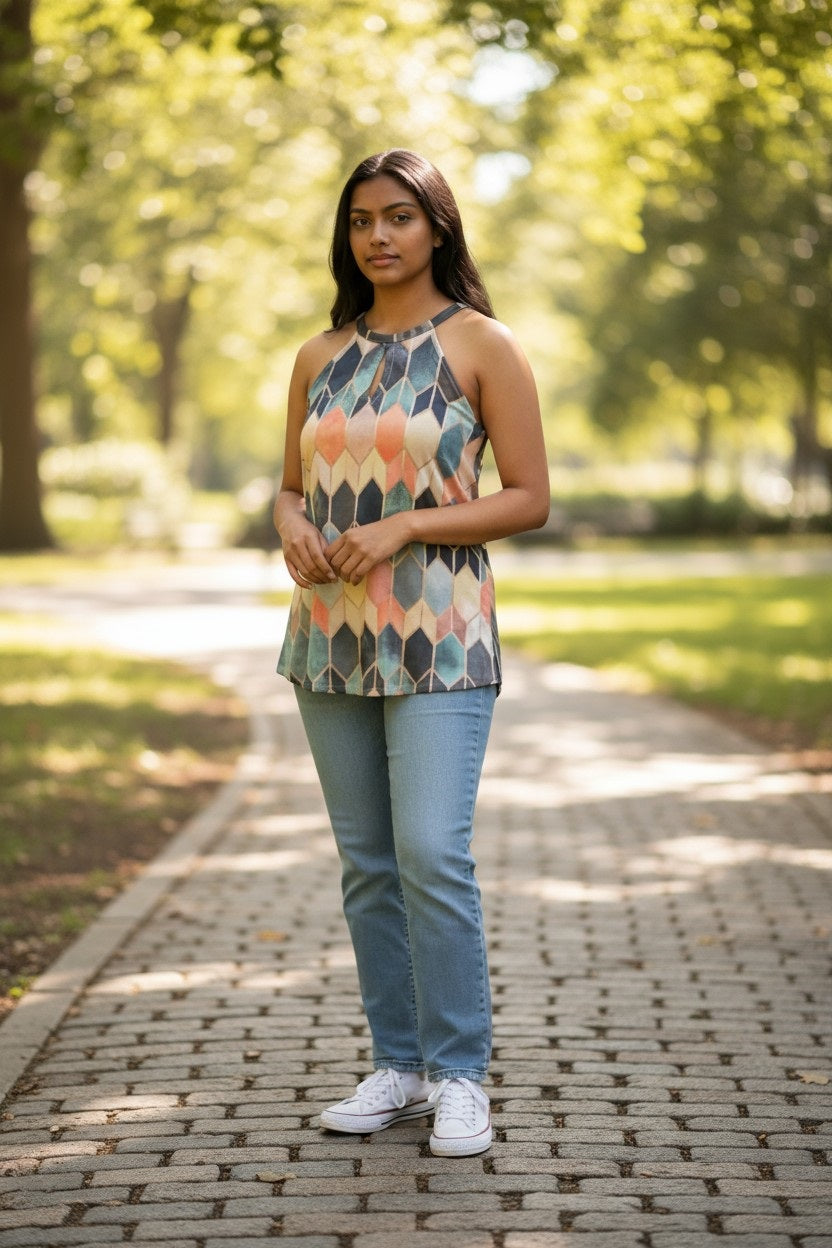 Plus Size Sleeveless Color Block Key Hole Top