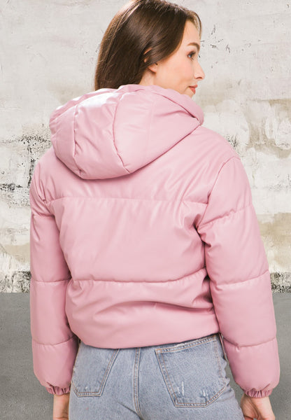 Pu Faux Leather Zipper Hooded Pink Jacket