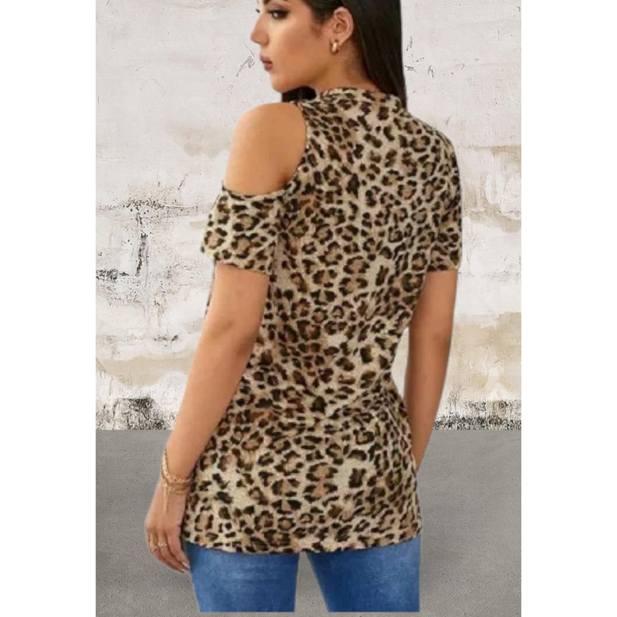 Short sleeve leopard print cut out top