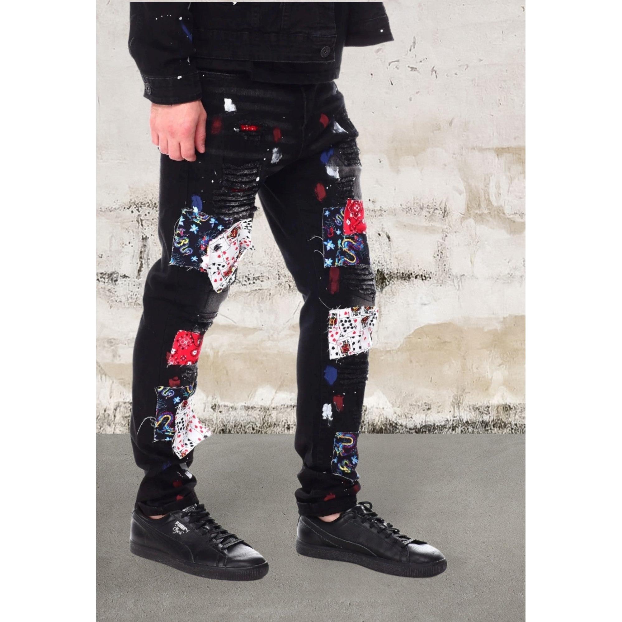 Men's skinny fit patch black jeans