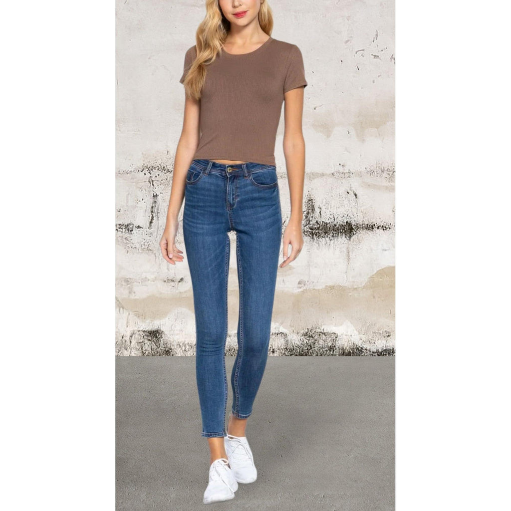 Short Sleeve Slit Brown Crew Neck Rib Crop Top