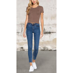 Short Sleeve Slit Brown Crew Neck Rib Crop Top