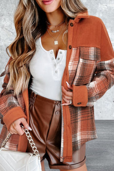 Long Sleeve Plaid Pattern Flap Pockets Buttoned Shacket