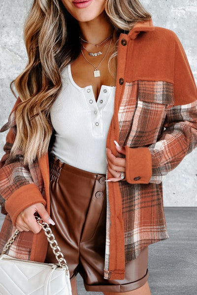 Long Sleeve Plaid Pattern Flap Pockets Buttoned Shacket
