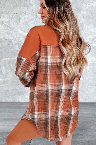 Long Sleeve Plaid Pattern Flap Pockets Buttoned Shacket