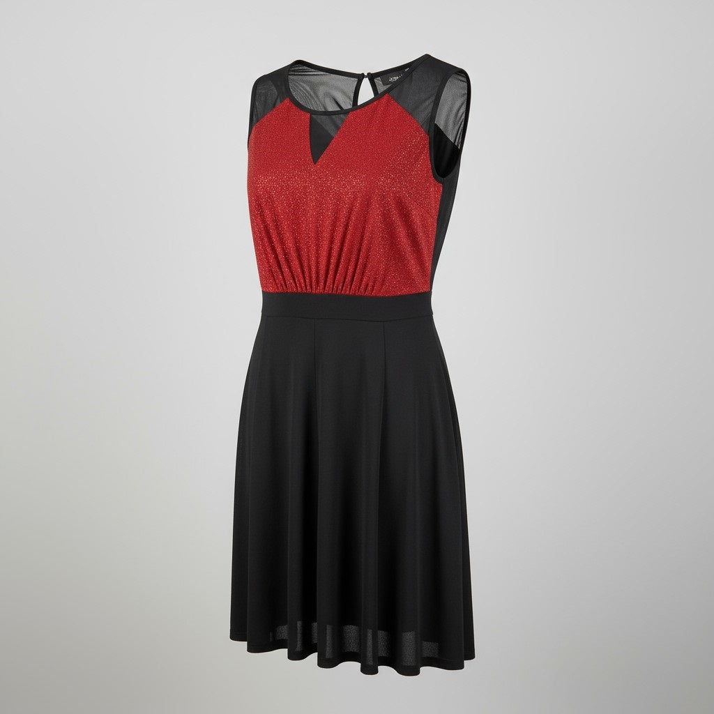 Sleeveless Round Neck Petite Red And Black Dress