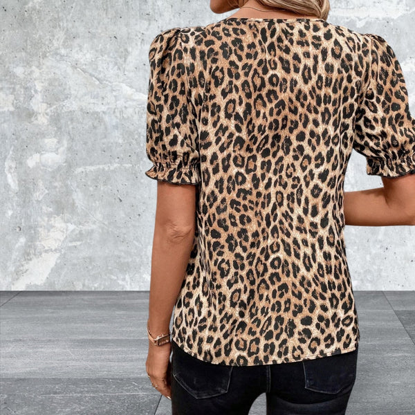 Short Sleeve Ruffled Neck Animal Print Top