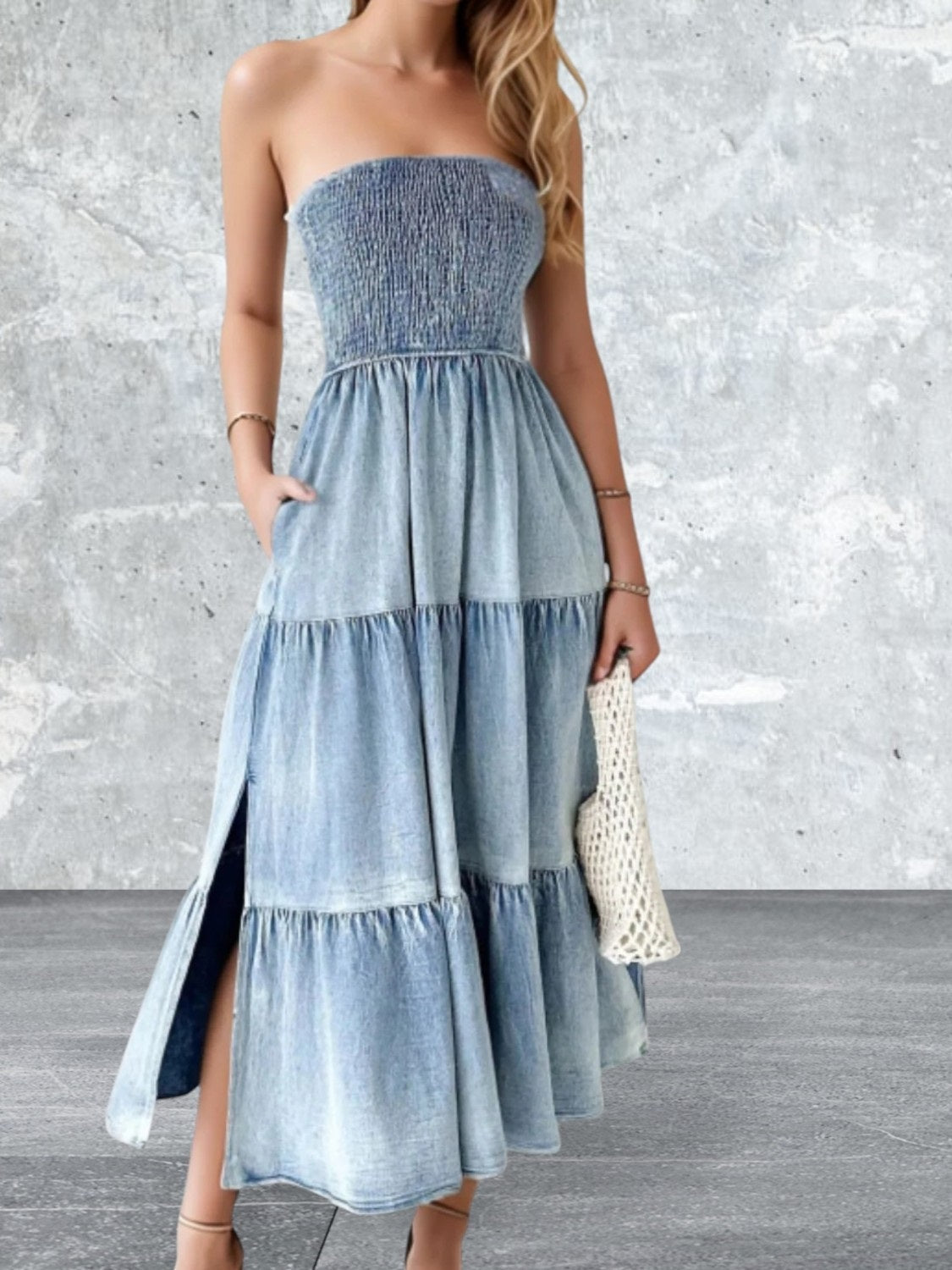 Smocked Tube Slit Tiered Denim Dress