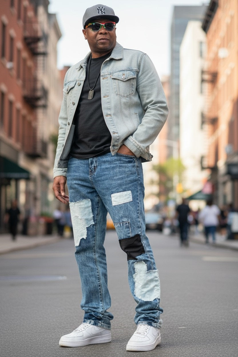 Mens Straight Leg Denim Patch Jeans