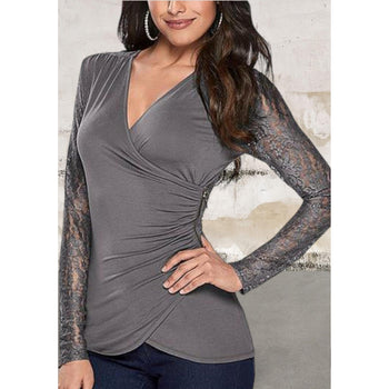 Long lace sleeve v-neck stretchy top