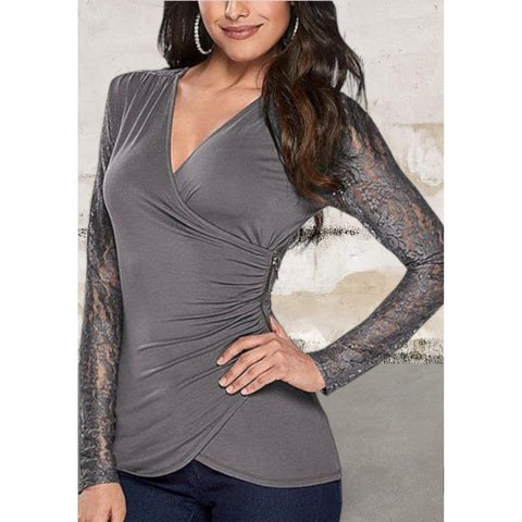 Long lace sleeve v-neck stretchy top