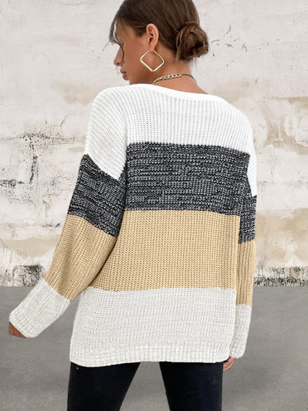 Round Neck Trendy Color Block Drop Shoulder Knit Sweater